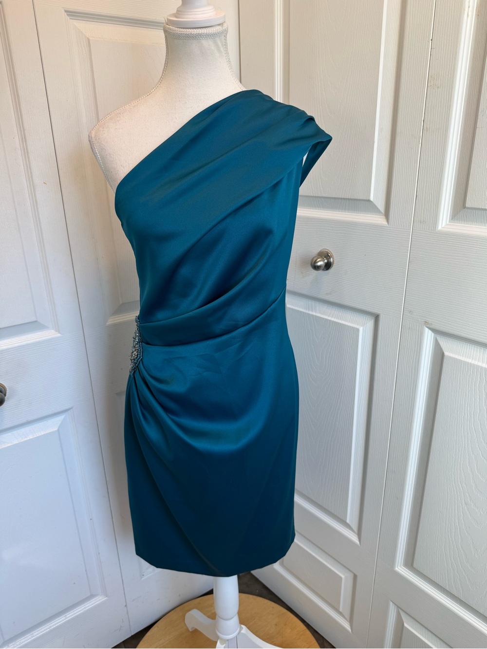 dressbarn Teal One-Shoulder Sheath Dress with Side Embellishment